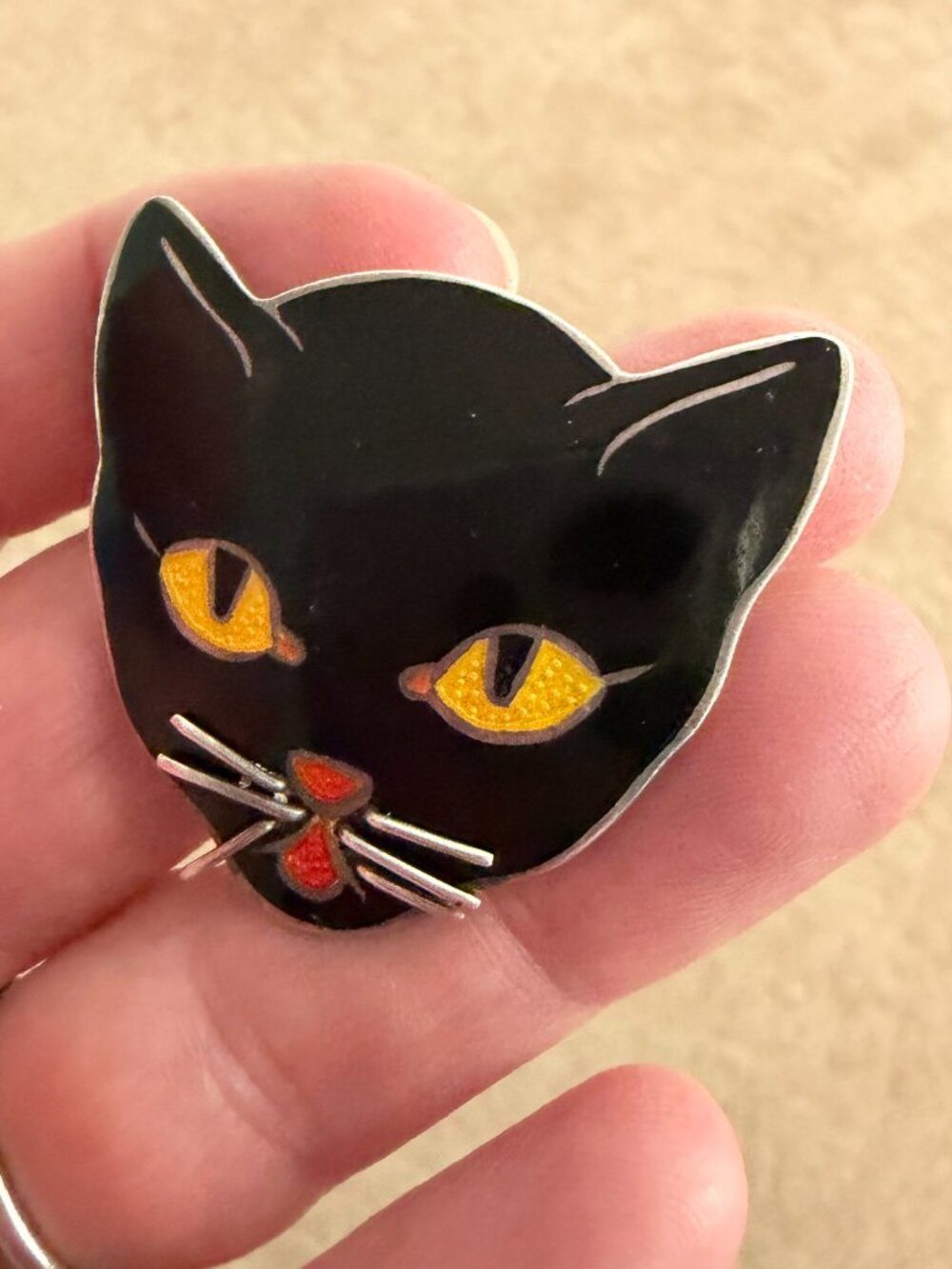 Vintage Margot de Taxco Sterling Silver & Enamel Cat Face Pin - Picture 2 of 8
